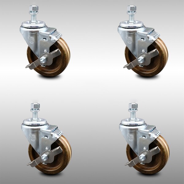 Service Caster 4 Inch SS High Temp Phenolic Wheel Swivel 1/2 Inch Threaded Stem Caster Set Brake SCC-SSTS20S414-PHSHT-TLB-121315-4 - main